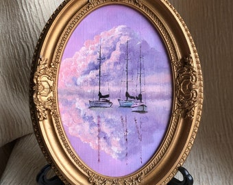 Framed Yacht Seascape Oil Painting: Nautical Home Decor (7.7x5.7")