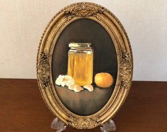 Original oval framed oil painting still life in classic style Tangerine honey. Unique vintage style gift. Handmade kitchen wall decor