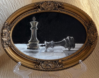 Jaque mate de ajedrez pintado a mano - Pintura al óleo - Marco dorado vintage