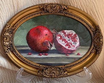 Pomegranate Still Life Oil Painting - Vintage Style Framed Handmade Art