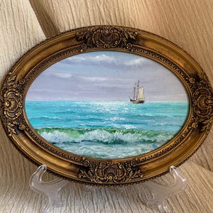 Framed Sailing Ship Oil Painting: Vintage Nautical Seascape Wall Art