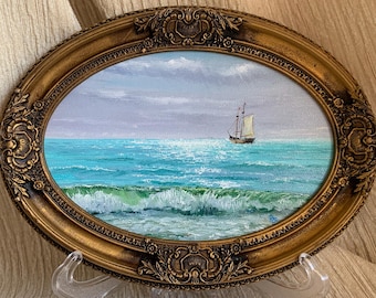 Framed Sailing Ship Oil Painting: Vintage Nautical Seascape Wall Art