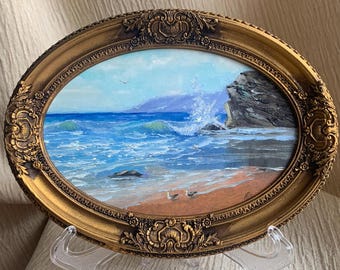 Ingelijst olieverfschilderij zeegezicht: handgemaakte ovale nautische golfkunst