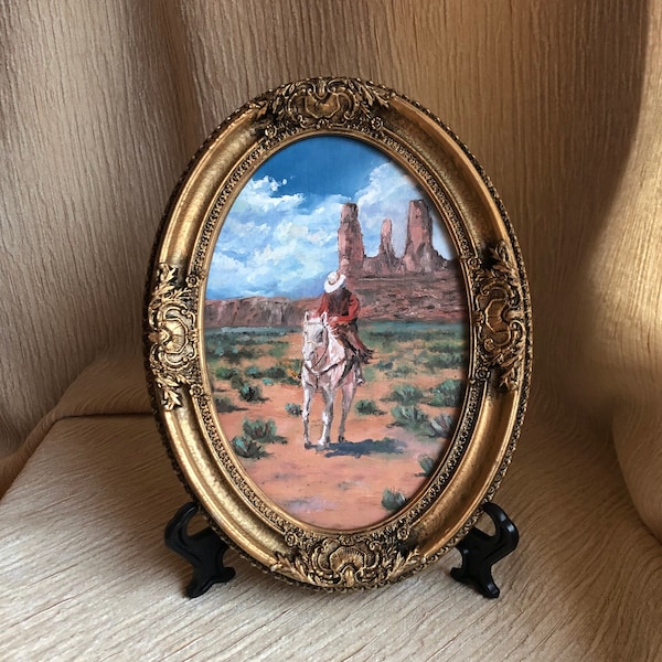 Original framed oval oil painting cowboy on a white horse in Monument Valley. American Arizona desert mountains landscape. Small artwork.