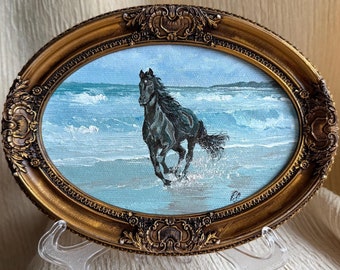 Handmade Oval Horse Oil Painting: Seascape Equestrian Art