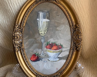 Original Champagne & Strawberry Oil Painting: Vintage Kitchen Art