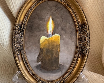 Burning Сandle in the Dark  Still Life - Framed Oil Painting in Vintage Style - Candle Flame Small Art - Handmade Vintage Candle Decor