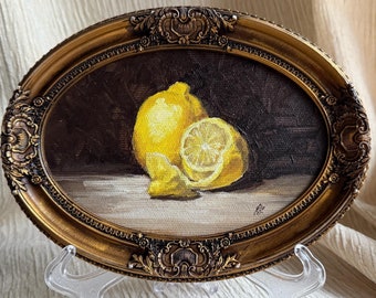 Lemons Oil Painting: Vintage Kitchen Still Life with Gold Frame