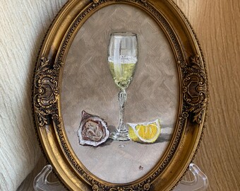 Framed Oyster Oil Painting: Vintage Champagne Kitchen Wall Art