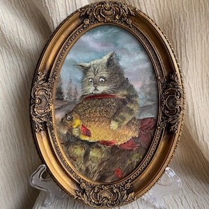 Peinture à l'huile encadrée chat de conte de fées et gros poisson - Big Catch - peinture pour enfants - cadeau pour pêcheur - petite oeuvre d'art inhabituelle - peinture ute