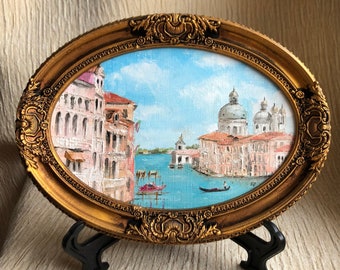 Originale dipinto a olio ovale con cornice dorata in stile vintage sul Canal Grande di Venezia, paesaggio urbano italiano, dipinto in gondola, piccolo arredamento artistico di Venezia