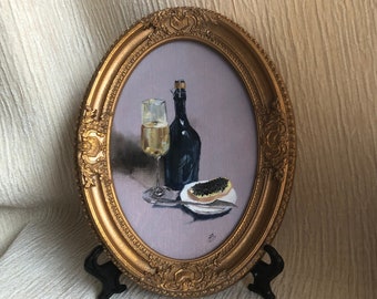 Nature morte champagne au caviar noir, peinture à l'huile ovale originale encadrée. Image pour cuisine, salle à manger. Petite oeuvre d'art murale faite main