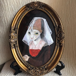 Peinture de chat médiévale faite à la main - peinture de chat espiègle - art de chat peint à la main - portrait d'animal mignon - art gothique original - oeuvre d'art de chat encadrée