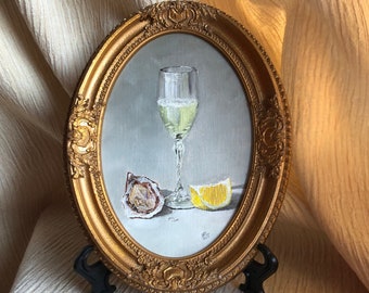 Original  still life Glass of champagne with oyster and lemon framed oval oil painting in vintage style. Small painting for kitchen.