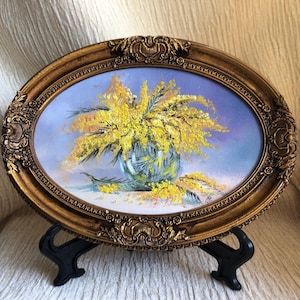 Yellow Mimosa Oil Painting: Golden Framed Floral Still Life