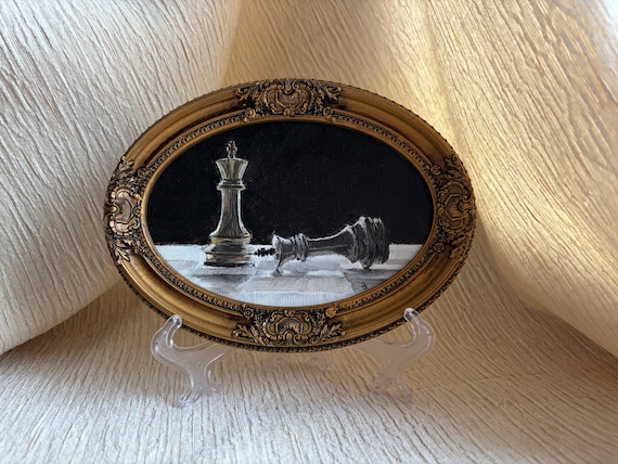 Hand-Painted Chess Checkmate Oil Painting - Vintage Gold Frame