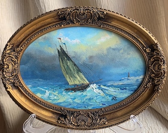 Framed Sailing Ship Oil Painting: Vintage Nautical Seascape Art