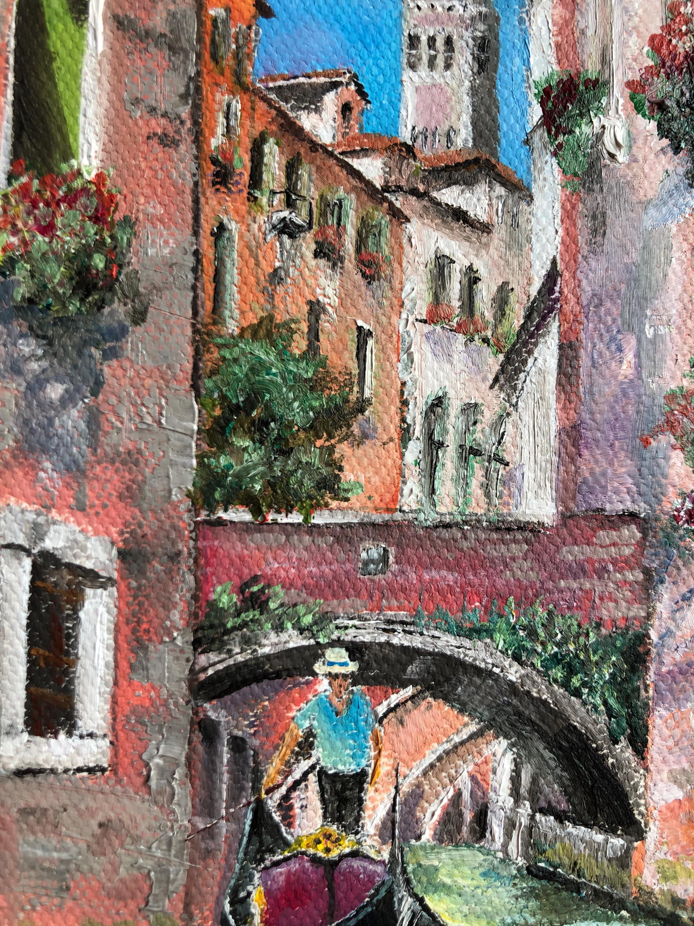 ヴェネツィアのゴンドラの絵画：金色の額縁に入った小さなイタリアの