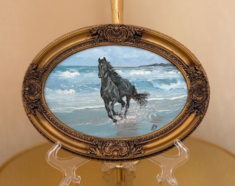 Handmade Oval Horse Oil Painting: Seascape Equestrian Art