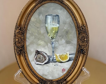 Natureza morta emoldurada com pintura a óleo de ostras - Pintura a óleo de vinho branco - Arte de cozinha com frutos do mar - Decoração de cozinha retrô - Arte de parede clássica de champanhe
