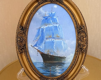 Framed Sailboat Oil Painting: Small Nautical Seascape, Vintage Style