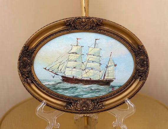 Handmade Sailing Ship Oil Painting: Vintage Oval Seascape in Gold Frame