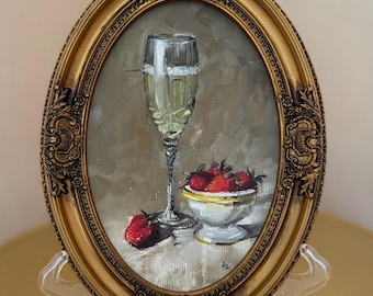 Pintura a óleo original de champanhe e morango: Arte vintage para cozinha