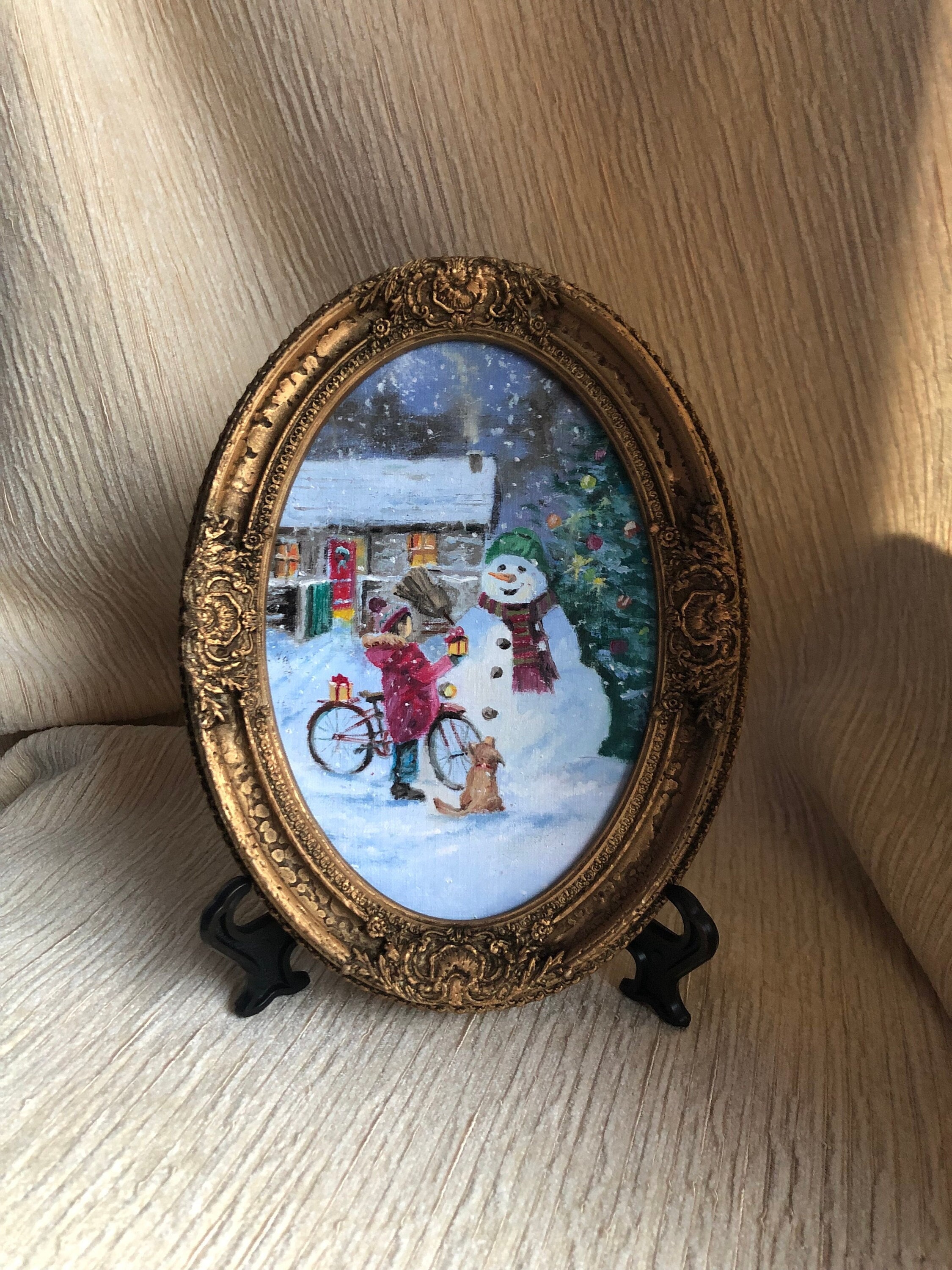 Framed Christmas Oil Painting: Vintage Snowman Scene, Gold Frame