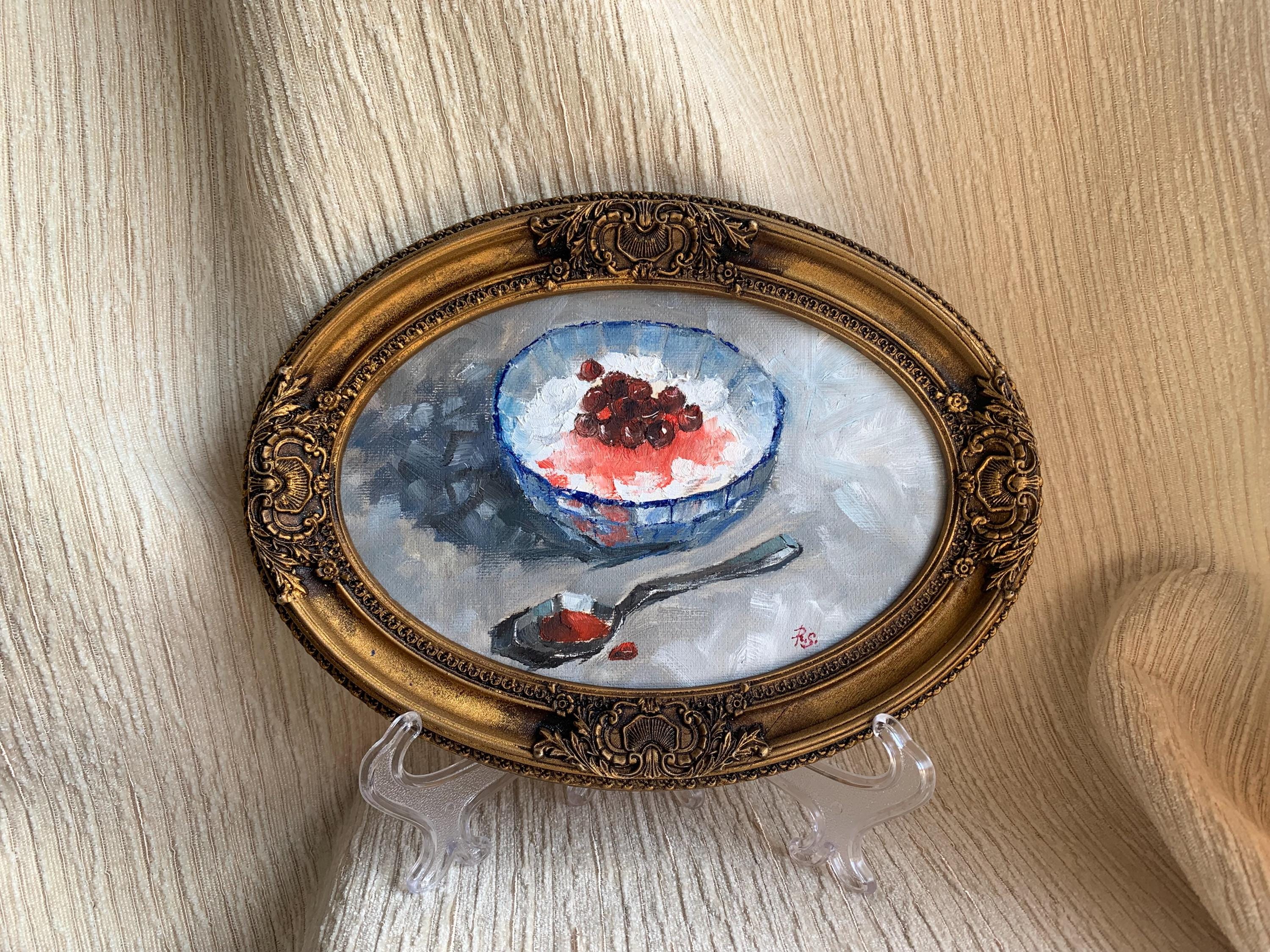Framed Ice Cream & Cherries Oil Painting: Vintage Kitchen Still Life