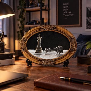 May include: An oval-shaped picture frame with an ornate gold-colored border featuring intricate relief carvings. The frame displays a black and white image of a standing king chess piece positioned next to a fallen chess piece on a checkered board.