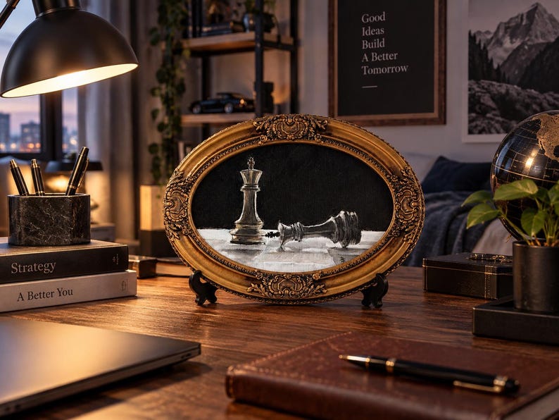 May include: An oval-shaped picture frame with an ornate gold-colored border featuring intricate relief carvings. The frame displays a black and white image of a standing king chess piece positioned next to a fallen chess piece on a checkered board.