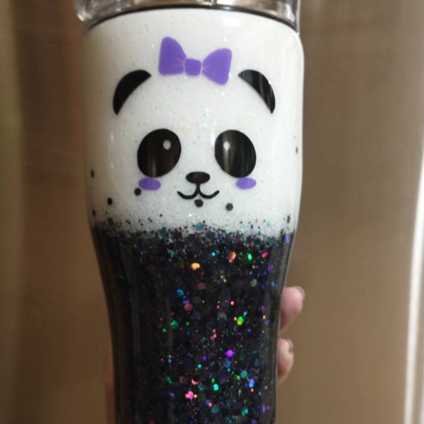 Amantes de los pandas / Regalo personalizado Vaso de viaje con purpurina / Sin derrames con pajita con tapa giratoria / Aislamiento al vacío de doble pared