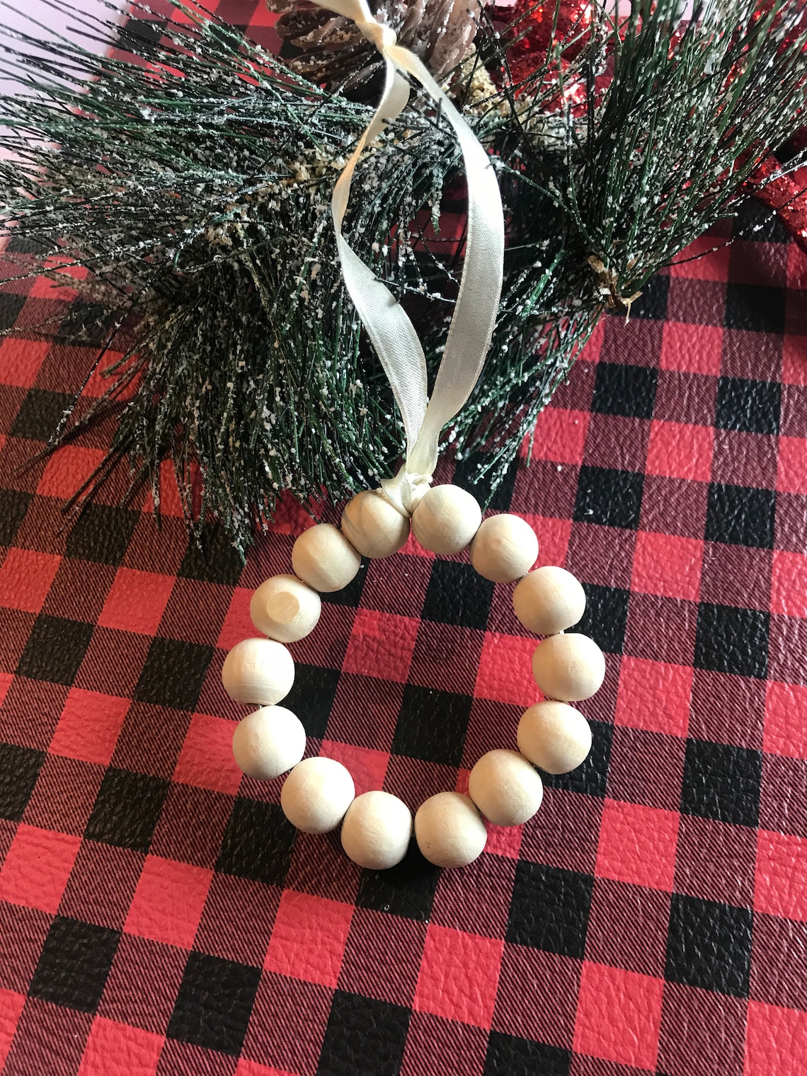 Wood Bead Wreath Christmas Ornament Farmhouse Decor Rustic Etsy
