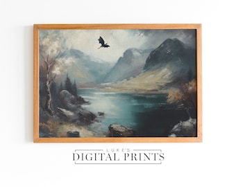 PRINTABLE Mythological Landscape Painting - Digital Print Download - Vintage Impressionist Landscape Wall Art - Flying Dragon Home Decor