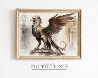 Vintage Griffin Art Print - Digital Download - Greek Fantasy Watercolor Drawing Poster - Ancient Griffin Sketch PRINTABLE Wall Decor