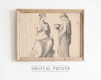 Impresión artística de mitología griega - Descarga digital - Arte lineal de estatuas IMPRIMIBLES - Impresión de póster minimalista beige - Decoración de pared romana antigua antigua