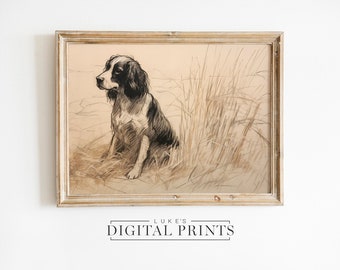 English Spaniel Sketch Art - Digital Print Download - PRINTABLE Cute Dog Breed Wall Art - Springer Spaniel In Grass Artwork