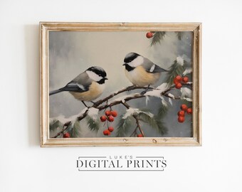 May include: A framed painting of two birds perched on a snow-covered branch with red berries. The birds are gray and white with black accents. The background is a soft blue with a hint of snow.