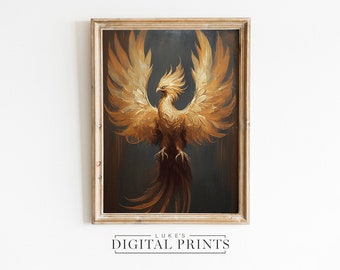 Golden Phoenix Art Print - Digital Download - Ancient Greek Mythology Painting Wall Decor - Mythical Gold Bird Portrait Art PRINTABLE