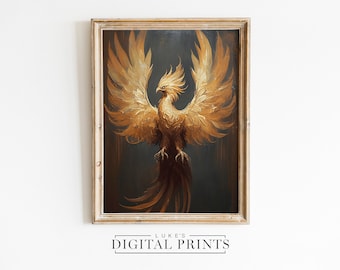 Golden Phoenix Art Print - Digital Download - Ancient Greek Mythology Painting Wall Decor - Mythical Gold Bird Portrait Art PRINTABLE