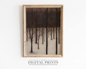 Vintage Moody Winter Wald Gemälde DRUCKBARE Dekor - Digitaldruck Download - Rustikale Schneelandschaft Wandkunst - Dunkel Neutral Ölgemälde