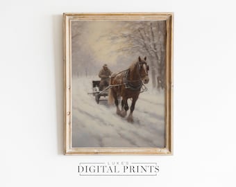 Winter Pferdeschlittenfahrt Malerei DRUCKBARE Dekor - Digitaldruck Download - Vintage Weihnachten Wandkunst - verschneite Waldpferd Ölgemälde