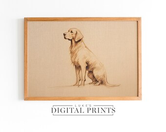 May include: A framed print featuring a detailed pencil sketch of a golden retriever in a seated position, facing left. The artwork is set against a tan background and enclosed in a light brown wooden frame. The text "LUKE'S DIGITAL PRINTS" is at the bottom.