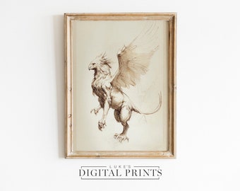 Vintage Griffin Mythology Sketch Print - Digital Download - Ancient Greek Pencil Drawing Wall Decor PRINTABLE - Greek Flying Creature Art
