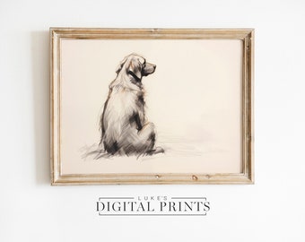 Moody Golden Retriever Sketch - Digital Print Download - Pet Drawing PRINTABLE Wall Art - Rustic Cute Dog Sitting Portrait