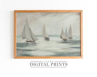 Pintura al óleo de velero náutico - Descarga de impresión digital - Paisaje marino rústico silenciado Arte oceánico costero IMPRIMIBLE - Decoración de arte de barco marino vintage