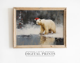 Vintage Christmas Polar Bear PRINTABLE Decor - Digital Print Download - Winter Wildlife Oil Painting - Festive Santa Hat Wall Art