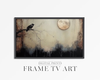 Samsung FRAME TV Art - Moonlit Raven Landscape Painting For Frame TV - Rustic Halloween Illustration - Dark Gothic Digital Download