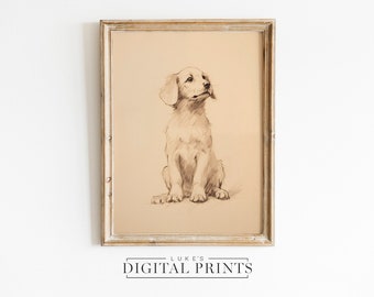 Arte de cachorro Golden Retriever sentado - Descarga de impresión digital - Dibujo de animales caninos IMPRIMIBLE - Decoración minimalista de la pared del perro mascota