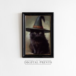 PRINTABLE Black Cat Oil Painting - Digital Print Download - Dark Arts Halloween Oil Painting Wall Decor - Vintage Small Cat Portrait